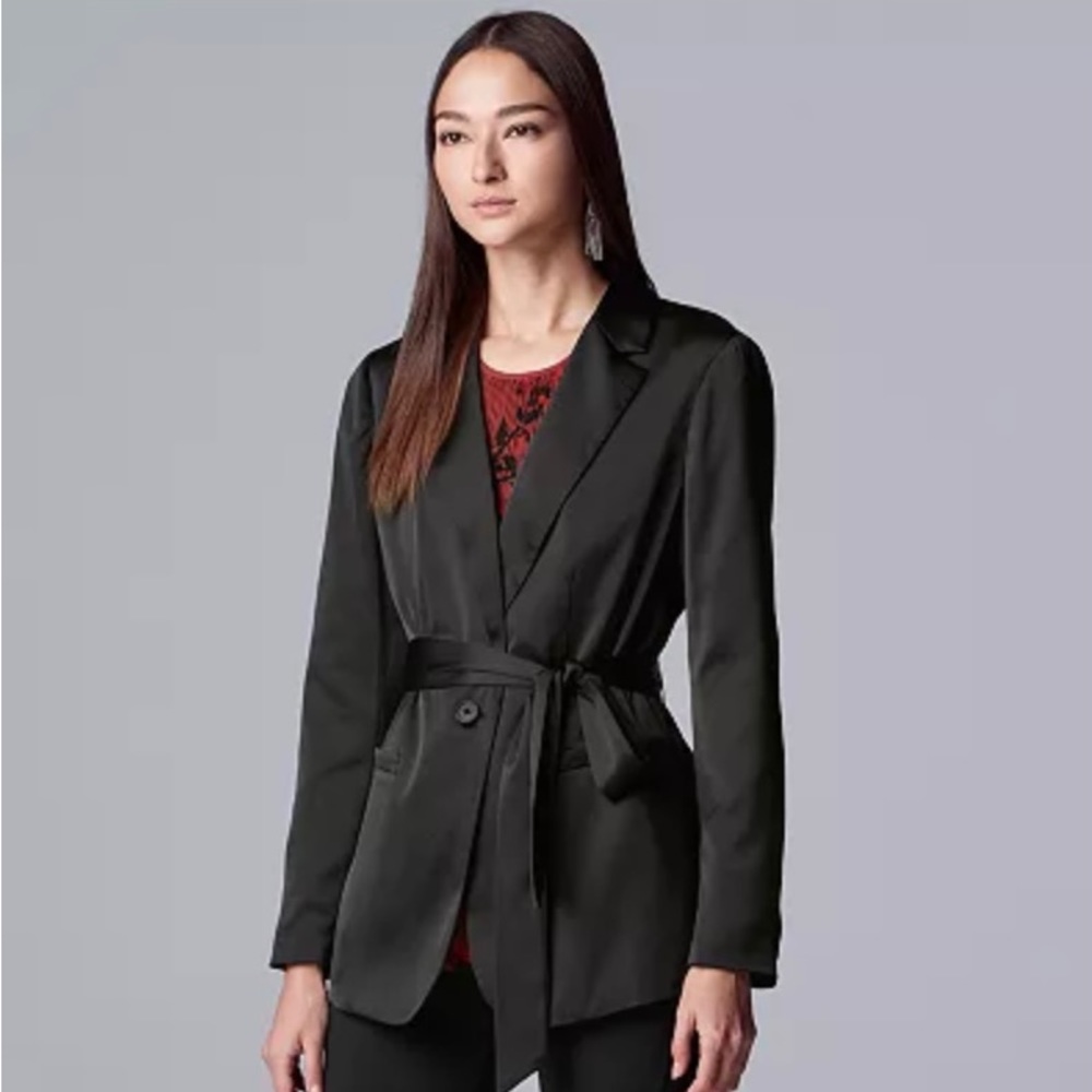 NWT: Simple Vera Vera Wang Black Satin Long Blazer with Tie Waist